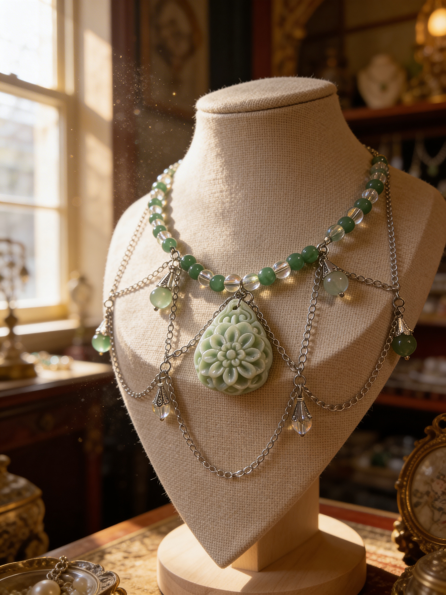 💚L’Oracle du Cœur💚 Collier en Aventurine & Quartz Arc-en-Ciel en Acier Inoxydable