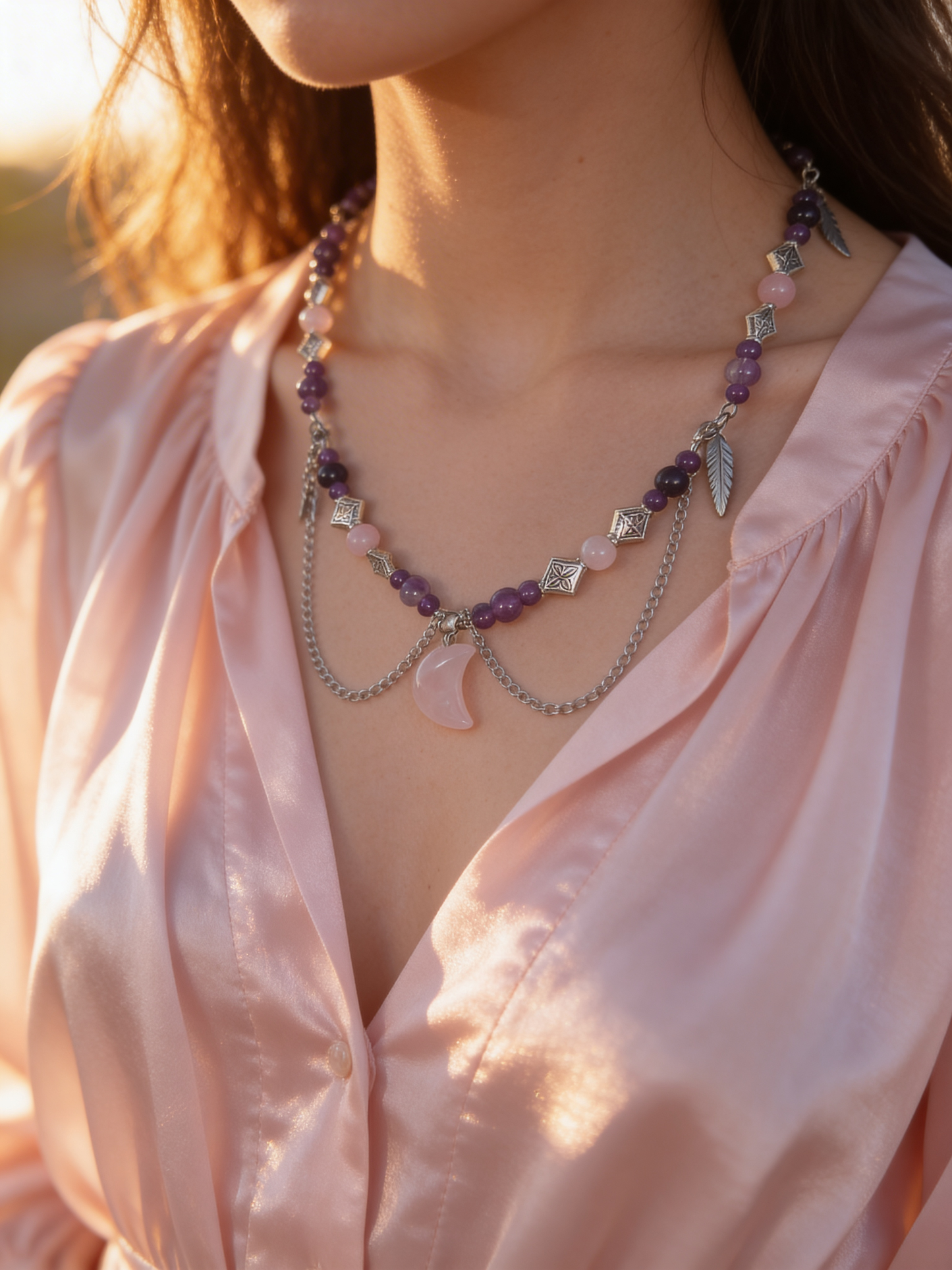 🌙 L’Oracle Lunaire 🩷 Collier en Quartz Rose & Améthyste en Acier Inoxydable 🩷