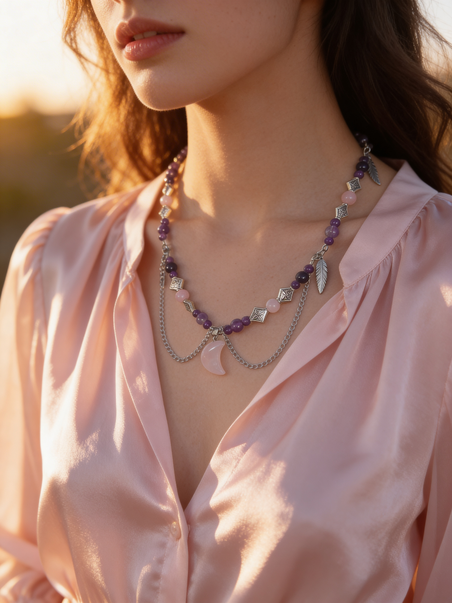 🌙 L’Oracle Lunaire 🩷 Collier en Quartz Rose & Améthyste en Acier Inoxydable 🩷