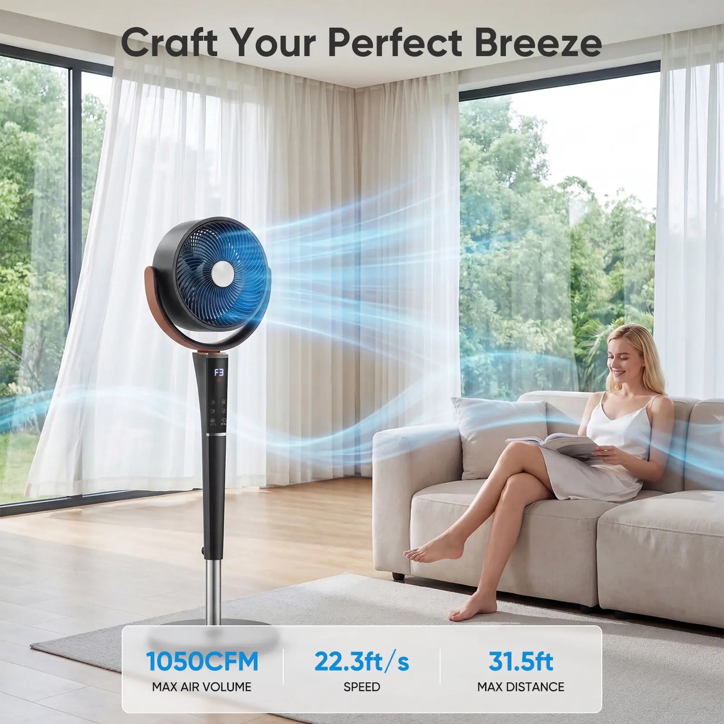 Quiet Bedroom Pedestal Fan with Remote, 20dB DC Air Circulator, 15 Speeds, 5 Modes & 120° Oscillation