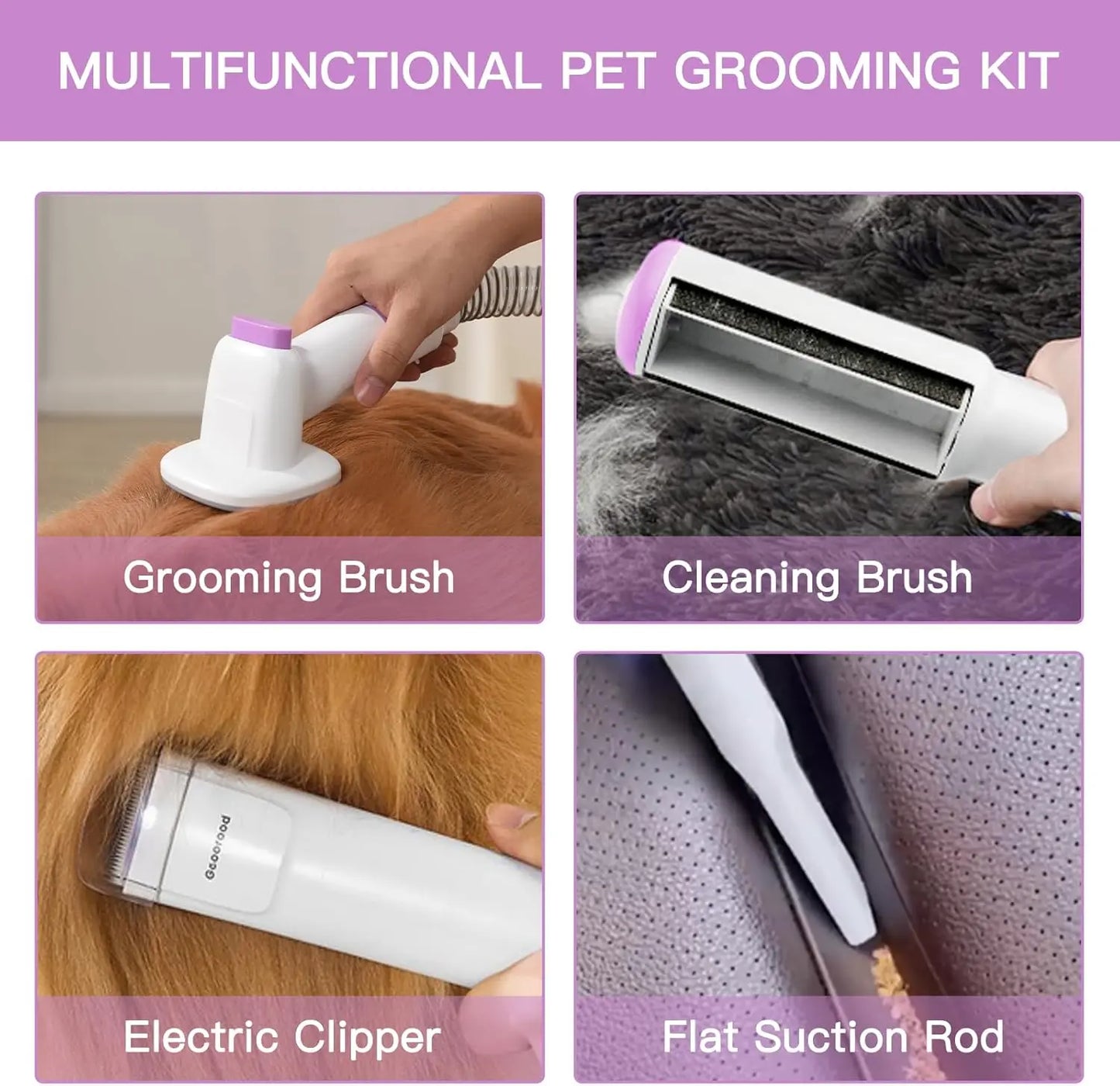 Geoorood Dog Grooming Vacuum Kit, 13KPa Pet Hair Suction Brush, 2.5L Large Dust Cup, Stainless Steel Blades, Portable Pet Cleaning Set