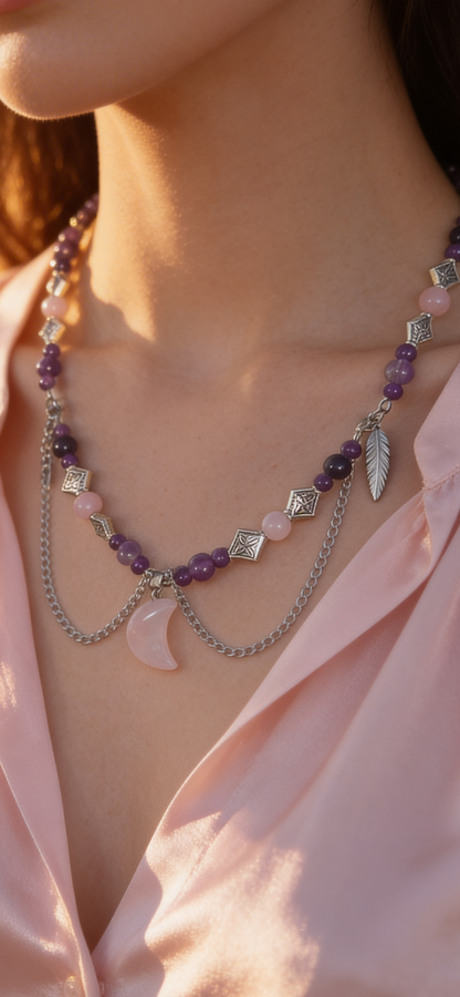 🌙 L’Oracle Lunaire 🩷 Collier en Quartz Rose & Améthyste en Acier Inoxydable 🩷