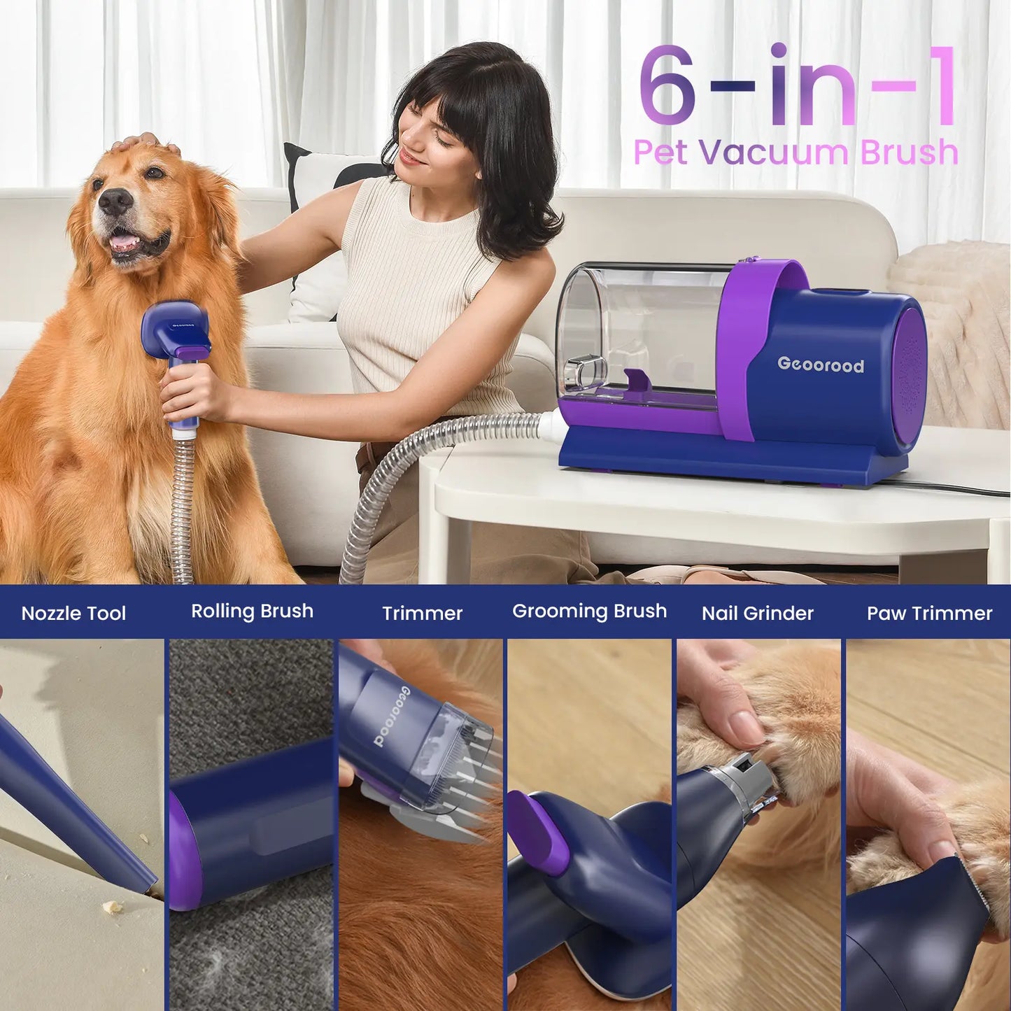 Geoorood Dog Grooming Vacuum Kit, 13KPa Pet Hair Suction Brush, 2.5L Large Dust Cup, Stainless Steel Blades, Portable Pet Cleaning Set