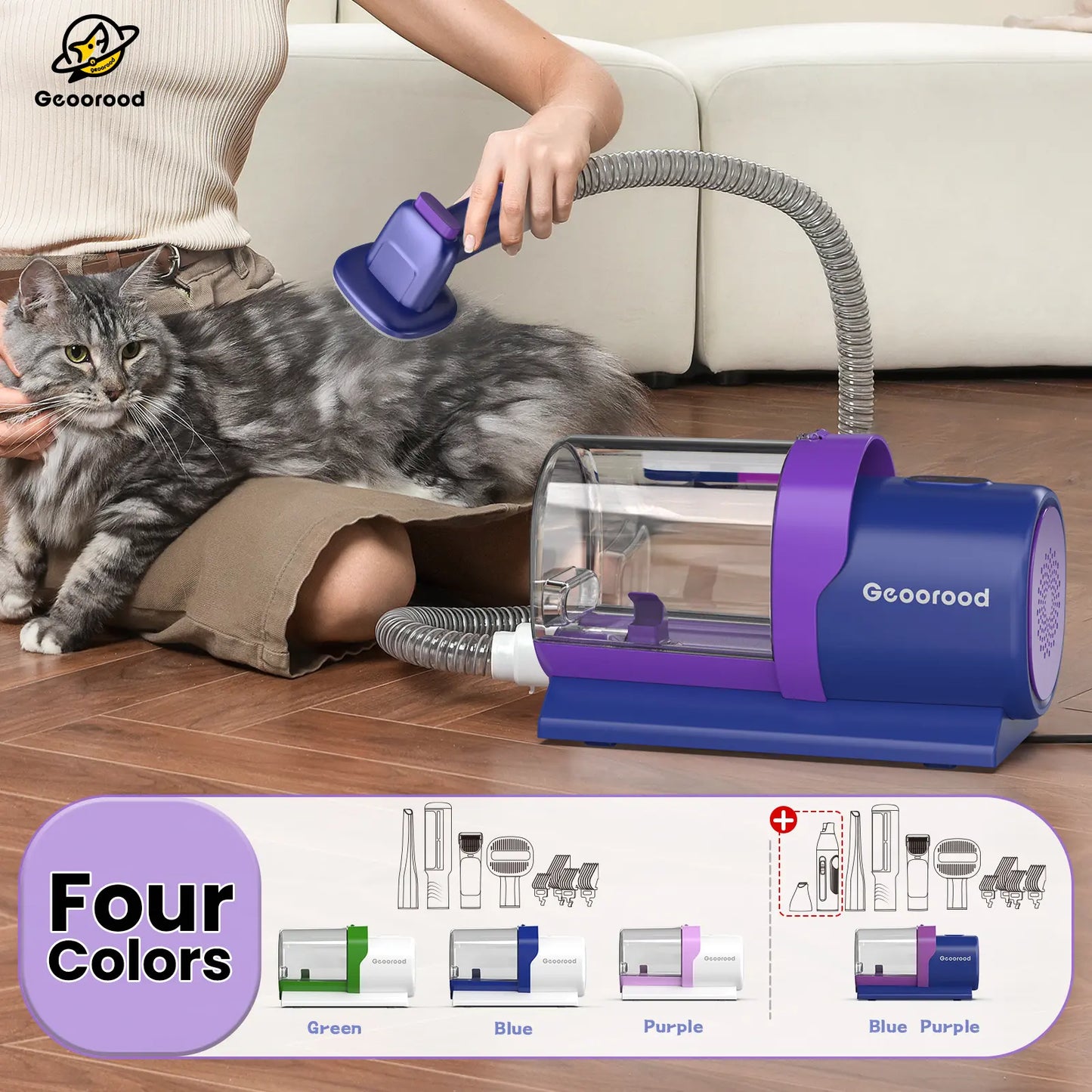 Geoorood Dog Grooming Vacuum Kit, 13KPa Pet Hair Suction Brush, 2.5L Large Dust Cup, Stainless Steel Blades, Portable Pet Cleaning Set