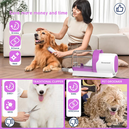 Geoorood Dog Grooming Vacuum Kit, 13KPa Pet Hair Suction Brush, 2.5L Large Dust Cup, Stainless Steel Blades, Portable Pet Cleaning Set