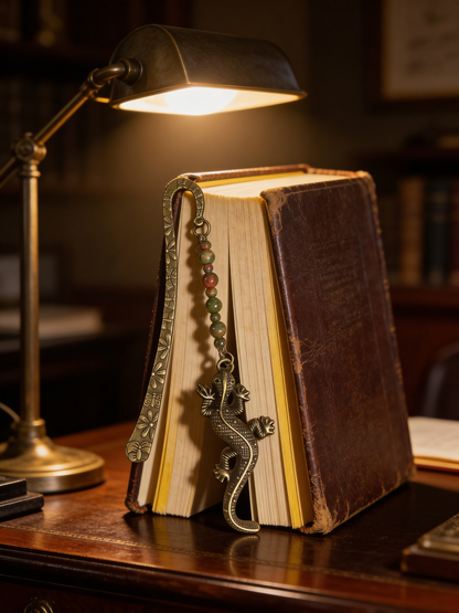 Marque-page en bronze antique & unakite, pendentif lézard 📖✨