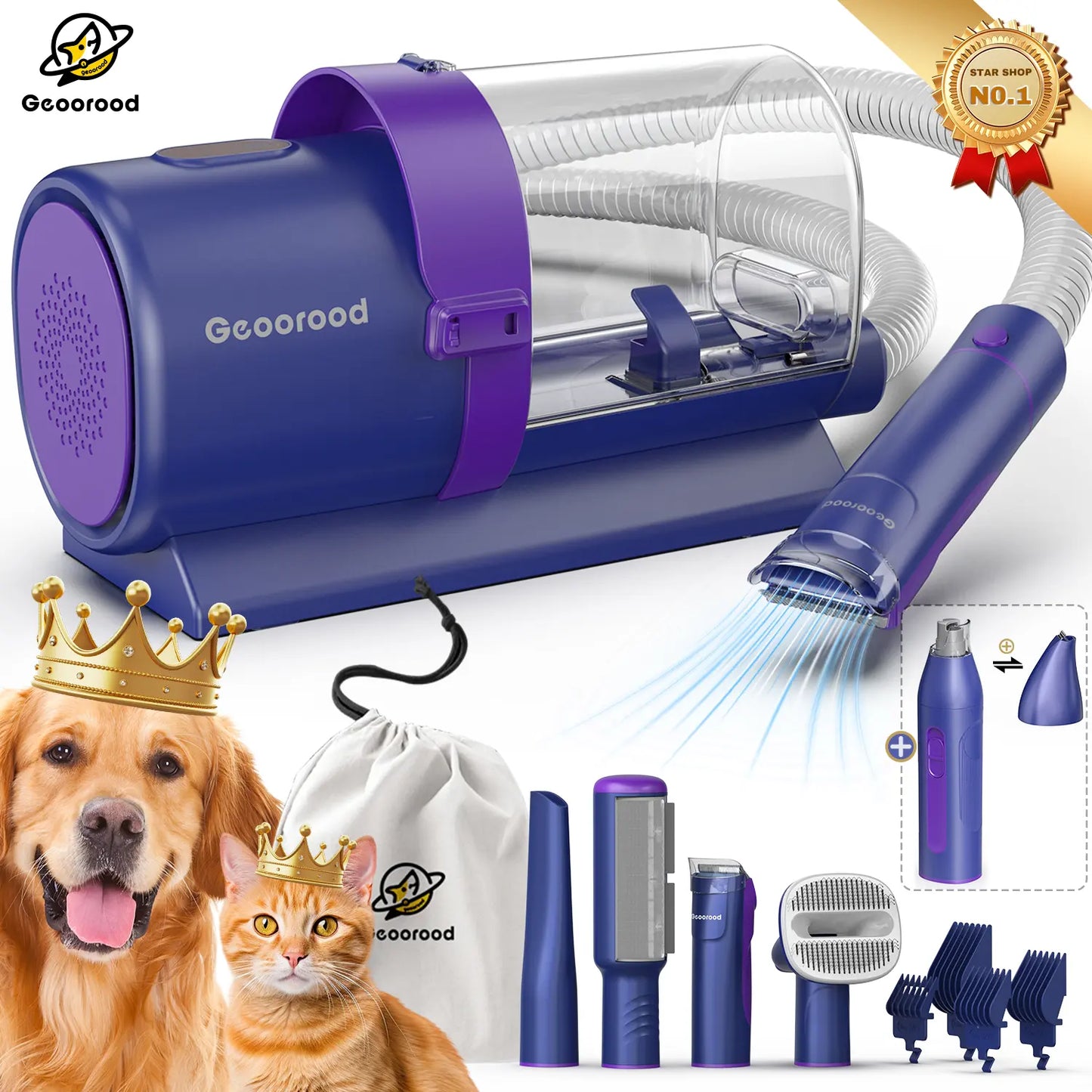Geoorood Dog Grooming Vacuum Kit, 13KPa Pet Hair Suction Brush, 2.5L Large Dust Cup, Stainless Steel Blades, Portable Pet Cleaning Set