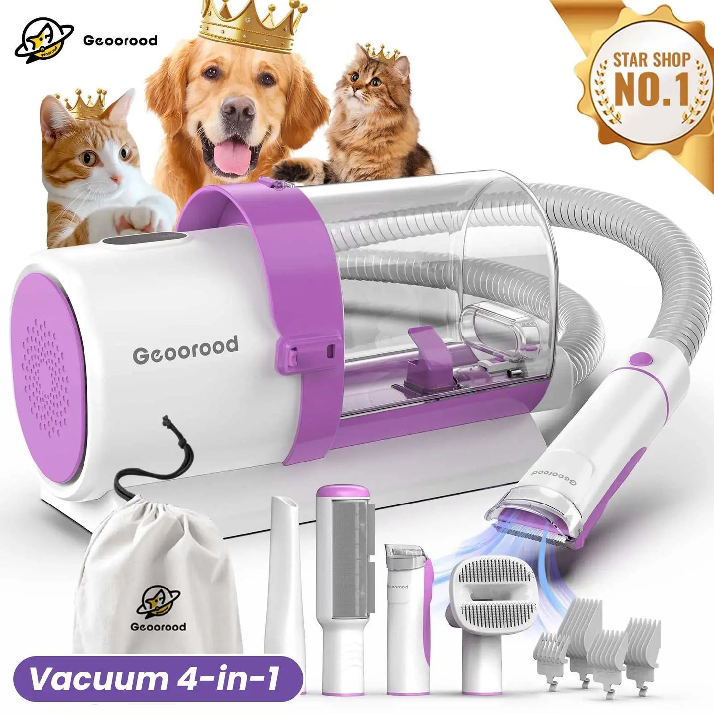 Geoorood Dog Grooming Vacuum Kit, 13KPa Pet Hair Suction Brush, 2.5L Large Dust Cup, Stainless Steel Blades, Portable Pet Cleaning Set