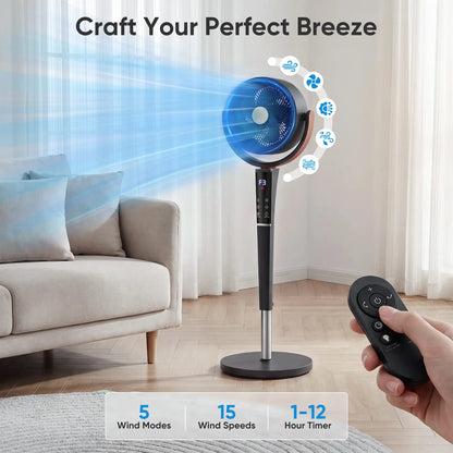 Quiet Bedroom Pedestal Fan with Remote, 20dB DC Air Circulator, 15 Speeds, 5 Modes & 120° Oscillation