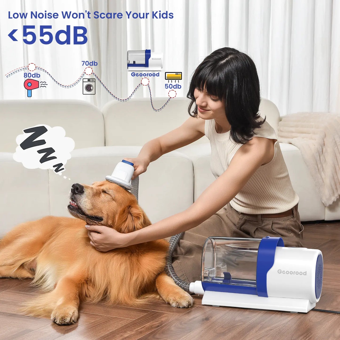 Geoorood Dog Grooming Vacuum Kit, 13KPa Pet Hair Suction Brush, 2.5L Large Dust Cup, Stainless Steel Blades, Portable Pet Cleaning Set